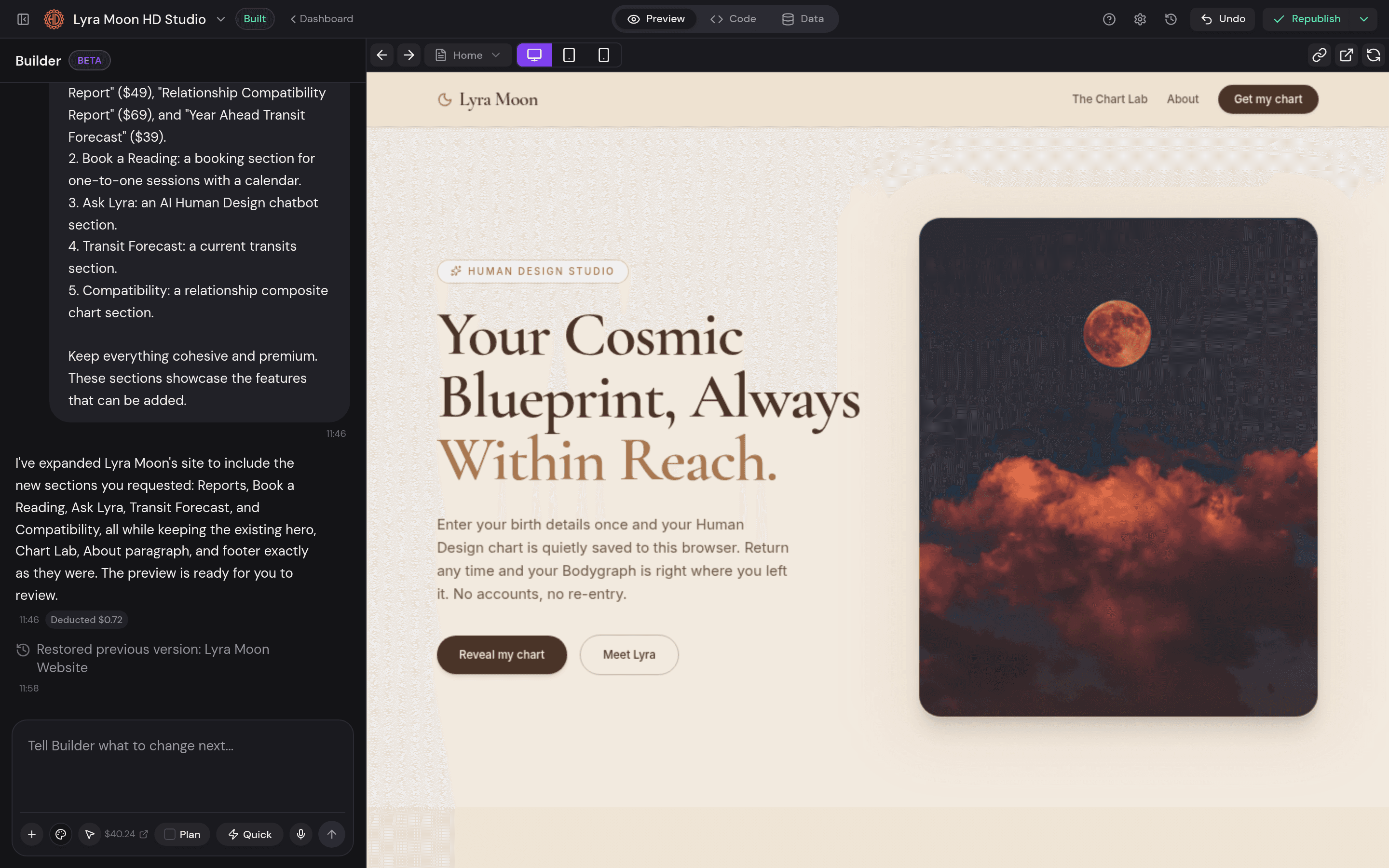Edit your site by chatting, with a live preview beside you