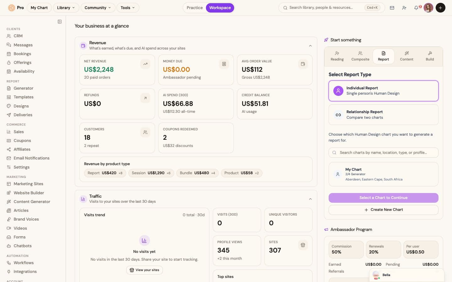 The HumanDesign.ai Business Hub dashboard with revenue, traffic, client, and report tools