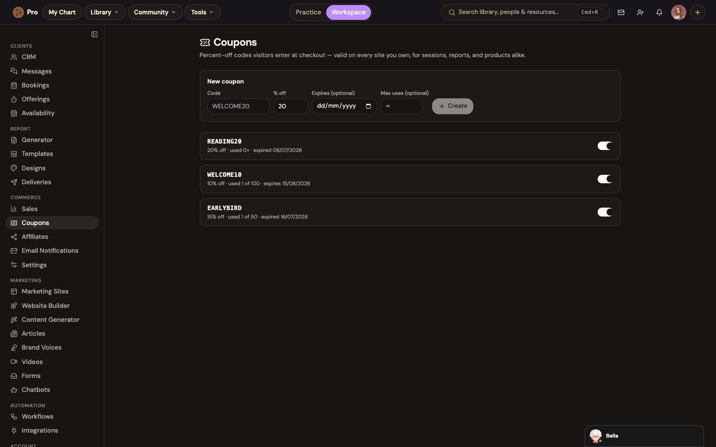 Coupons: create and track discount codes