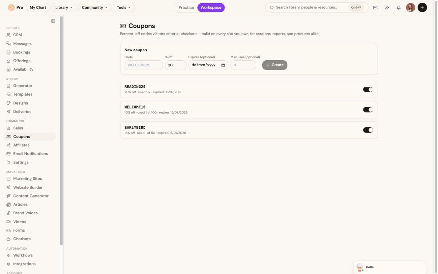 Coupons: create and track discount codes