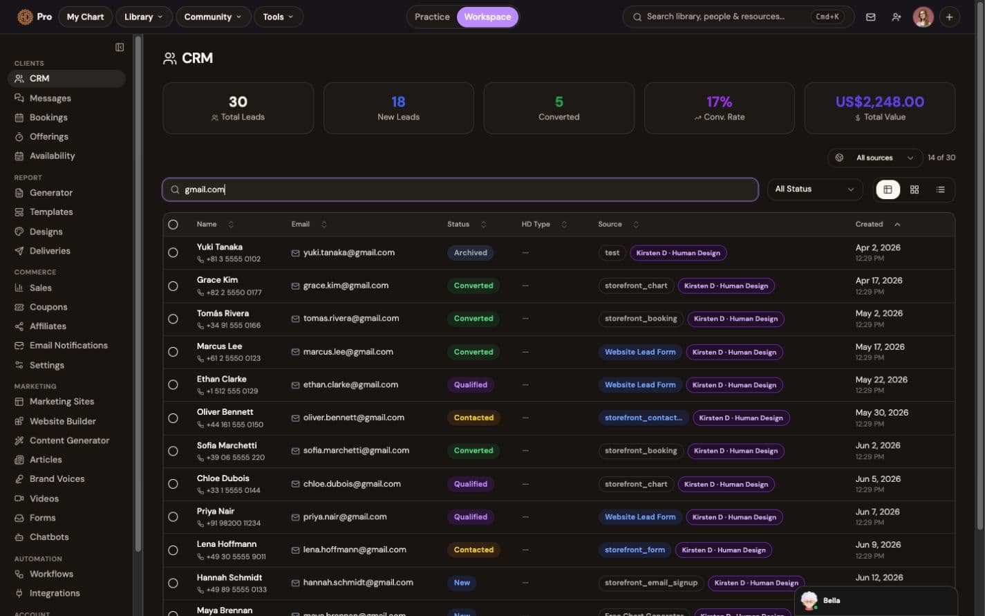 The CRM: every lead with status, source and Human Design type