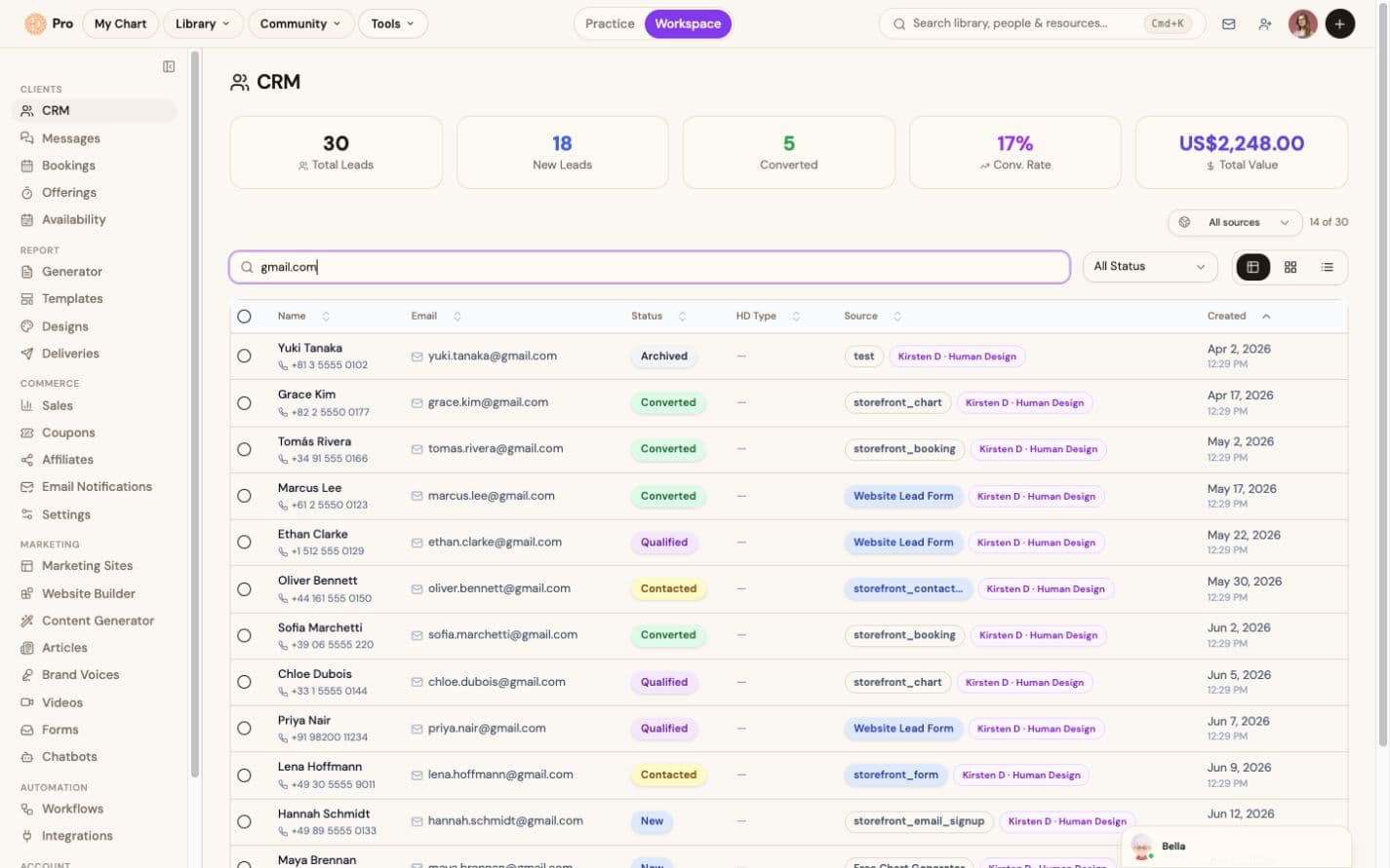 The CRM: every lead with status, source and Human Design type