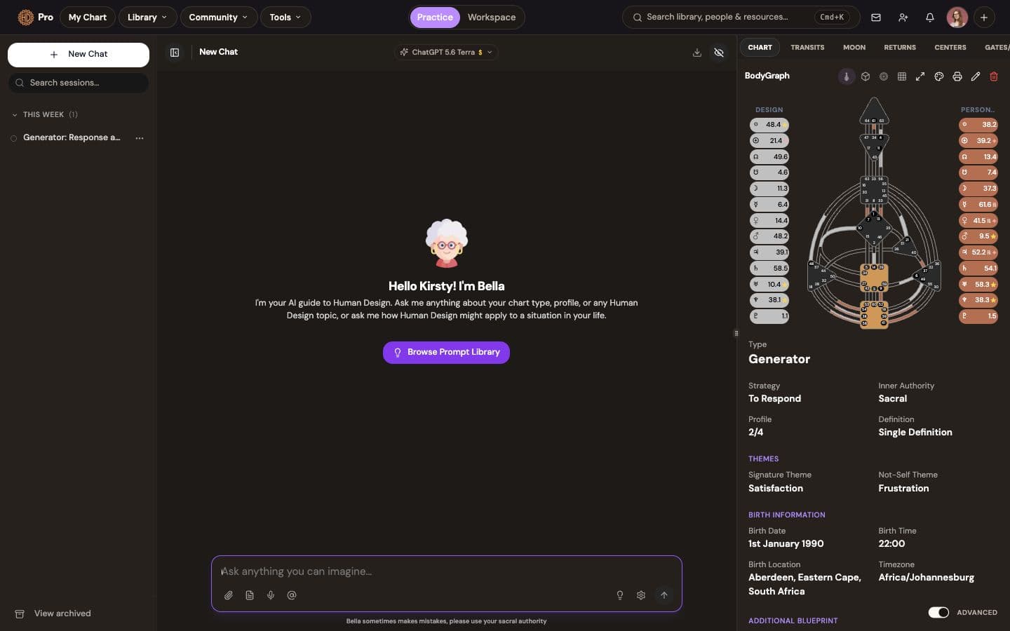 AI chart chat: Bella answers with your bodygraph beside the chat