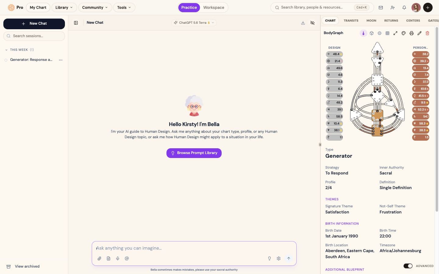 AI chart chat: Bella answers with your bodygraph beside the chat