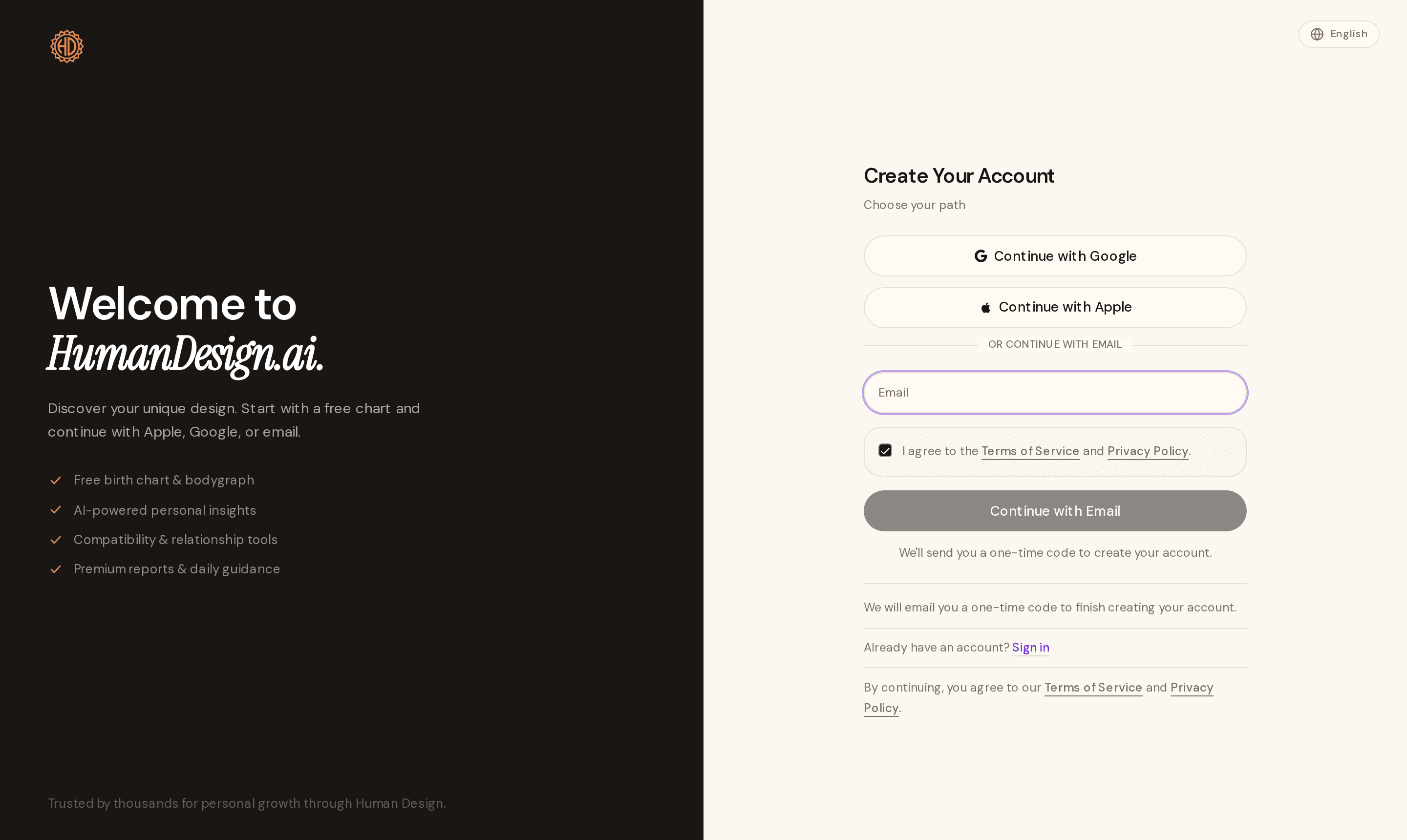 Start onboarding: create your account and enter your birth data