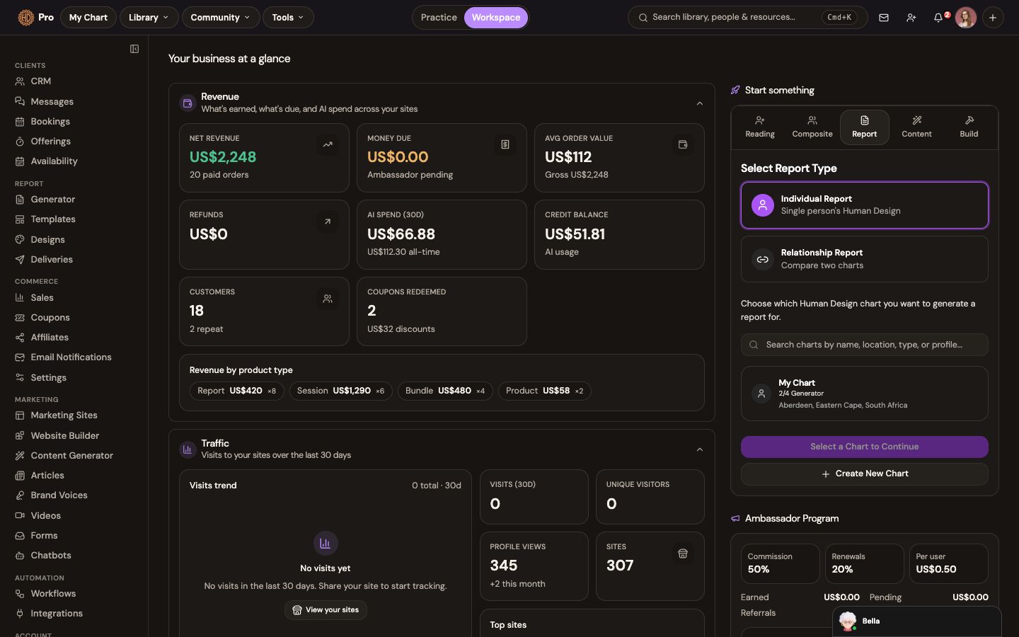 The Business Hub dashboard: revenue, traffic and output at a glance