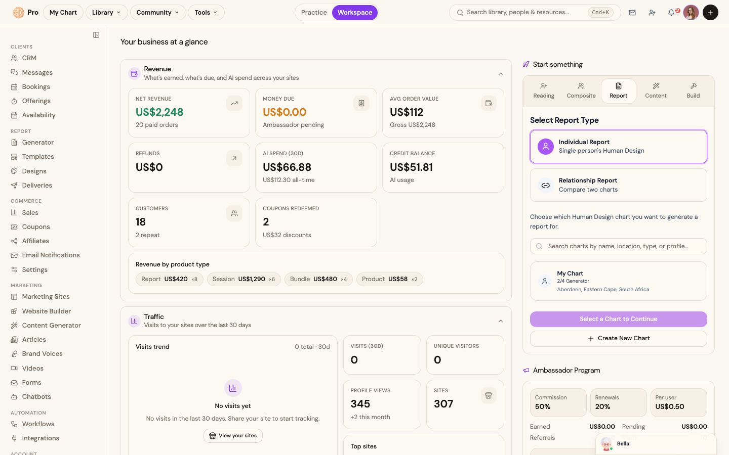 The Business Hub dashboard: revenue, traffic and output at a glance