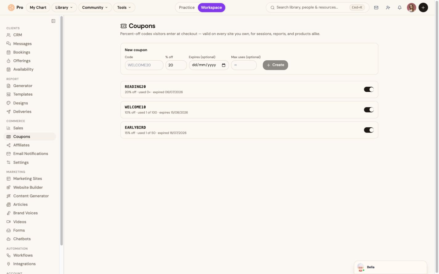 Coupons: create and track discount codes