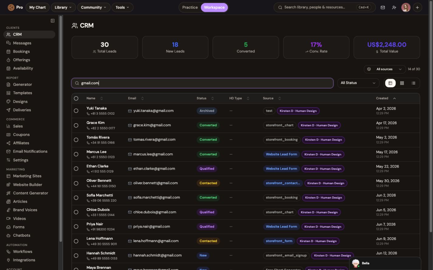 The CRM: every lead with status, source and Human Design type