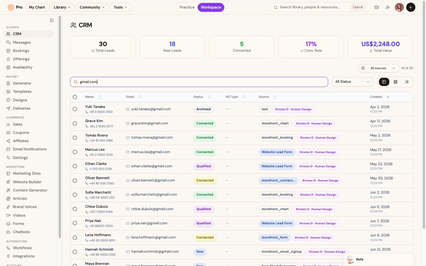The CRM: every lead with status, source and Human Design type