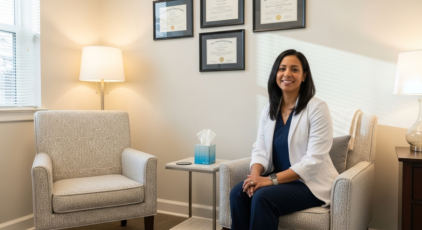 A therapist in a calm, plant-filled practice room